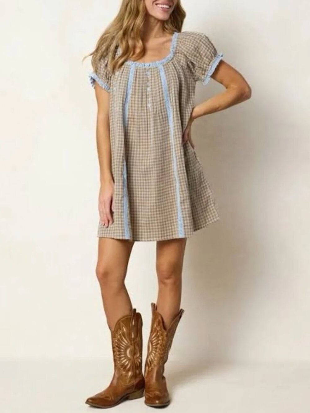 NATURAL LIFE Gingham Peasant Mini Dress Boho Embroidered Floral Size Large